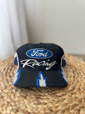 Vintage Ford Racing Flames Hat Snapback Black and Blue Fire 1990's